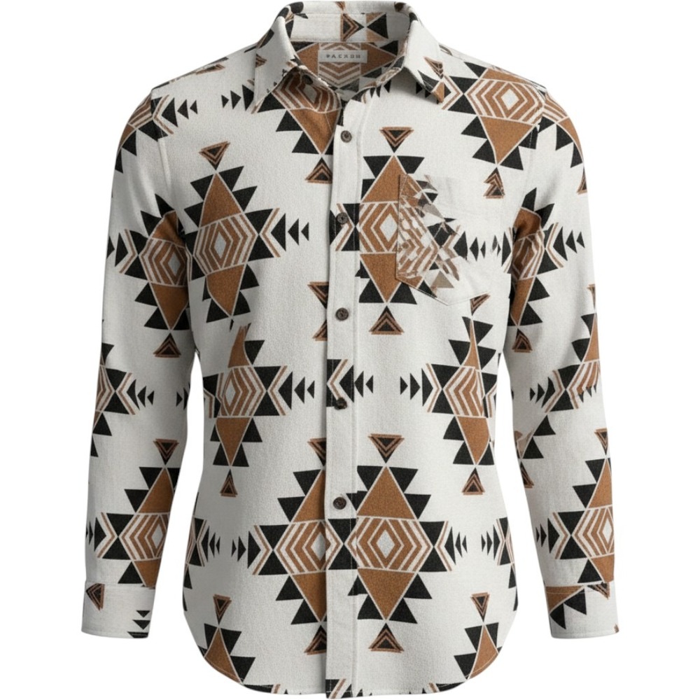 PacSun Men's Button Down Shirt Aztec Geometric‎ Print Flannel Brown White Medium